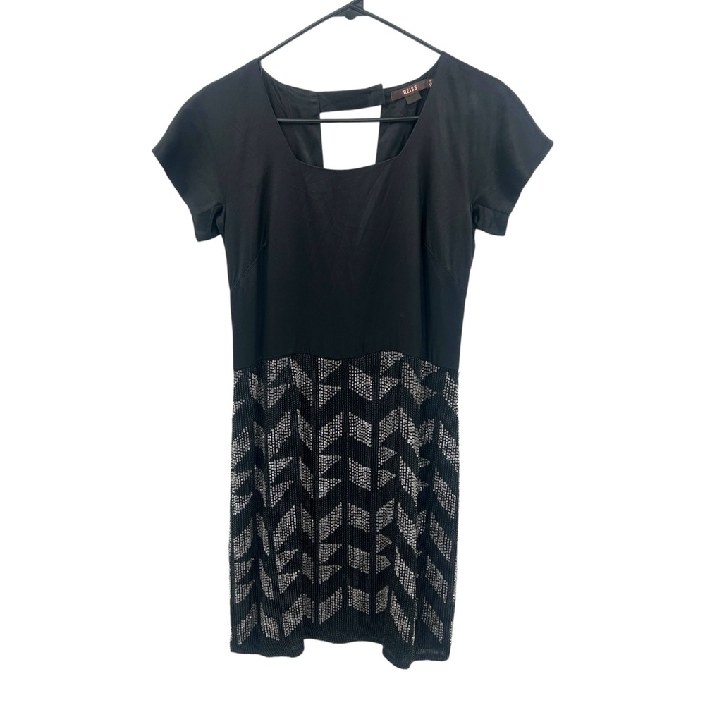 Reiss Beaded Silk Mini Dress 4 Black Art Deco‎ Cocktail Party Goth Glam Luxe